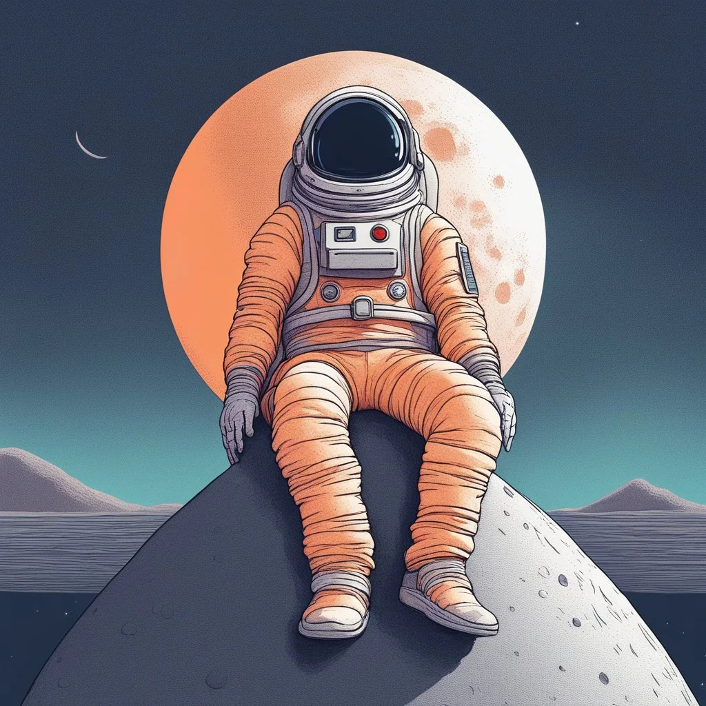 A whimsical digital illustration of a cartoonish astronaut, delicately rendered in soft pastel hues, sitting on a tiny, cratered moon, lost in thought as they stare out into the vast, starry expanse of empty space, their bright orange spacesuit a pop of color against the muted, celestial backdrop, with subtle texture and gentle shading adding depth to the minimalist composition, evoking a sense of wonder and contemplation, as if pondering the mysteries of the cosmos, amidst the eerie silence of