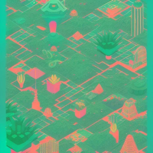 tropical city, latino, plants, streets, risograph, flat design, 2 colors