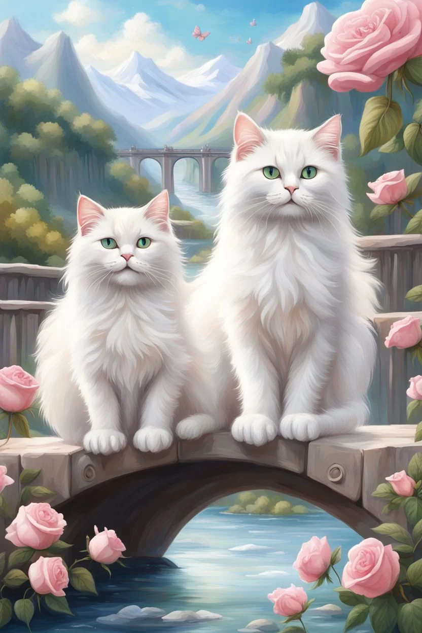 in the center: beautiful chunky fluffy white cats with green eyes sitting on a bridge, under the brigde flows a small blue river; background: landscape with mountains and white clouds, butterflys flying in the sky; first plan: pink roses;