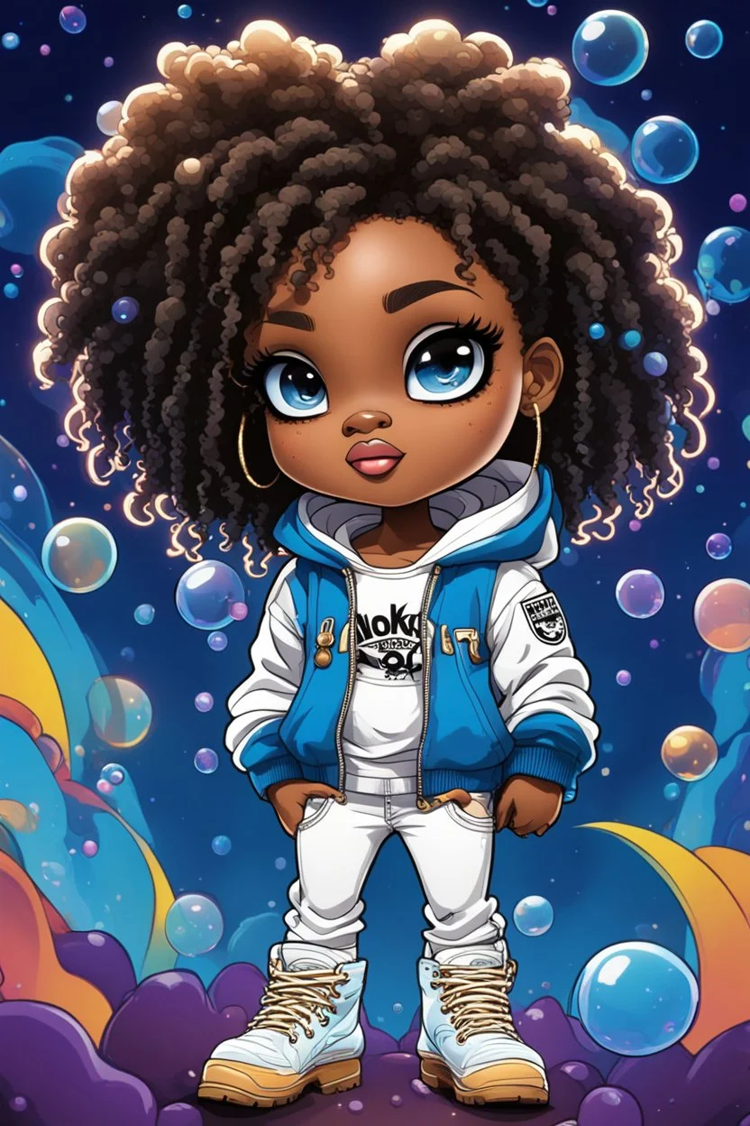 Create an colorful psychedelic comic book illustration of a chibi cartoon black female thick curvy wearing a cut of blue and white hoodie and white jeans and timberland boots. Prominent make up with long lashes and hazel eyes. Highly detailed shiny sister locs. Background of a large bubbles all around her