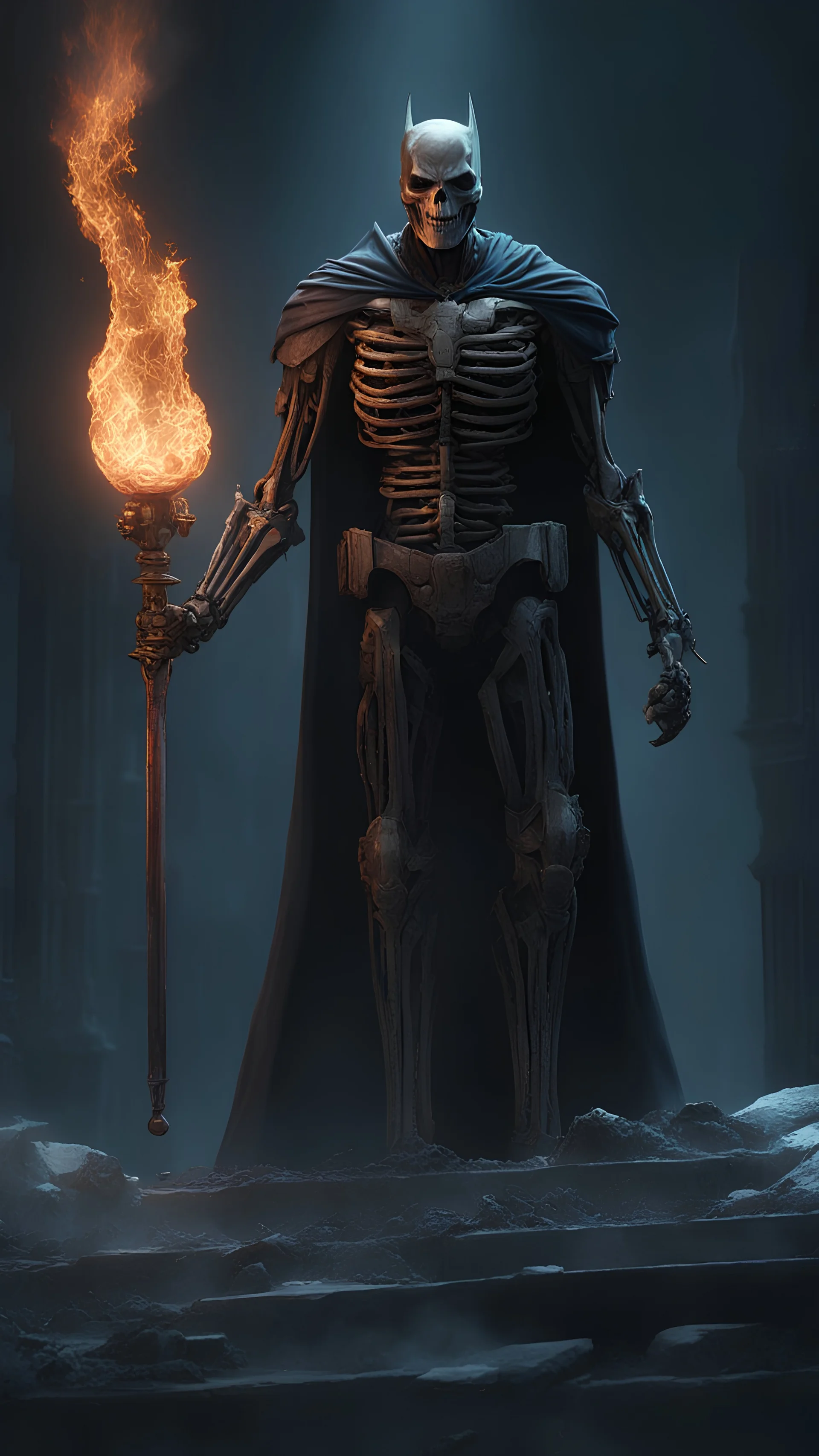 Skeleton batman X Humantorch with ice powers in dark souls , cinematic, 4k, epic Steven Spielberg movie still, sharp focus, emitting diodes, smoke, artillery, sparks, racks, system unit, motherboard, by pascal blanche rutkowski repin artstation hyperrealism painting concept art of detailed character design matte painting, 4 k resolution blade runner