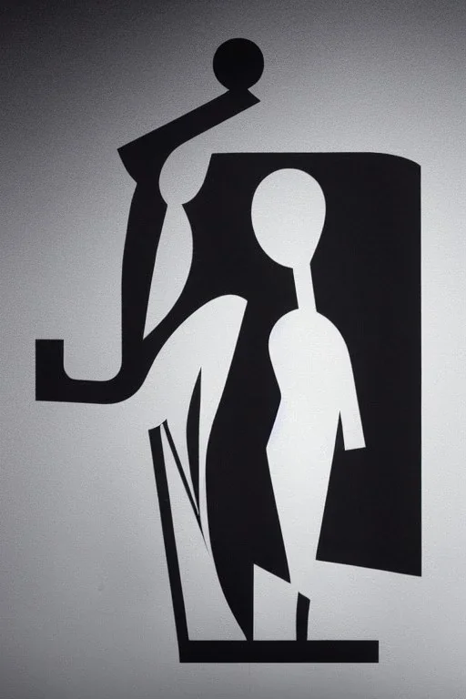 Logo, black ink on silver paper, pictogram of a person standing far from a group