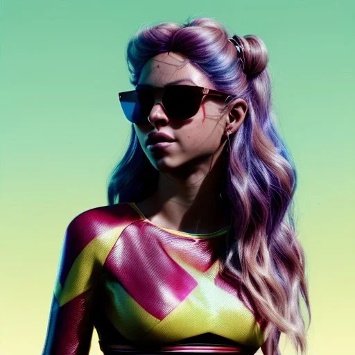 Shakira, artist, 30 years old, Realistic image, waist up portrait, etro style dress. Gucci sunglasses. Blonde, loose long hair, eyes make up, perfect, glow, circle iris. Neon colors, leds, geometric shapes. Dark background. Cyberpunk, concept art, smooth, unreal engine 5, god lights, ray tracing, RTX, lumen lighting, ultra detail, volumetric lighting, 3d, finely drawn, high definition, 4k.