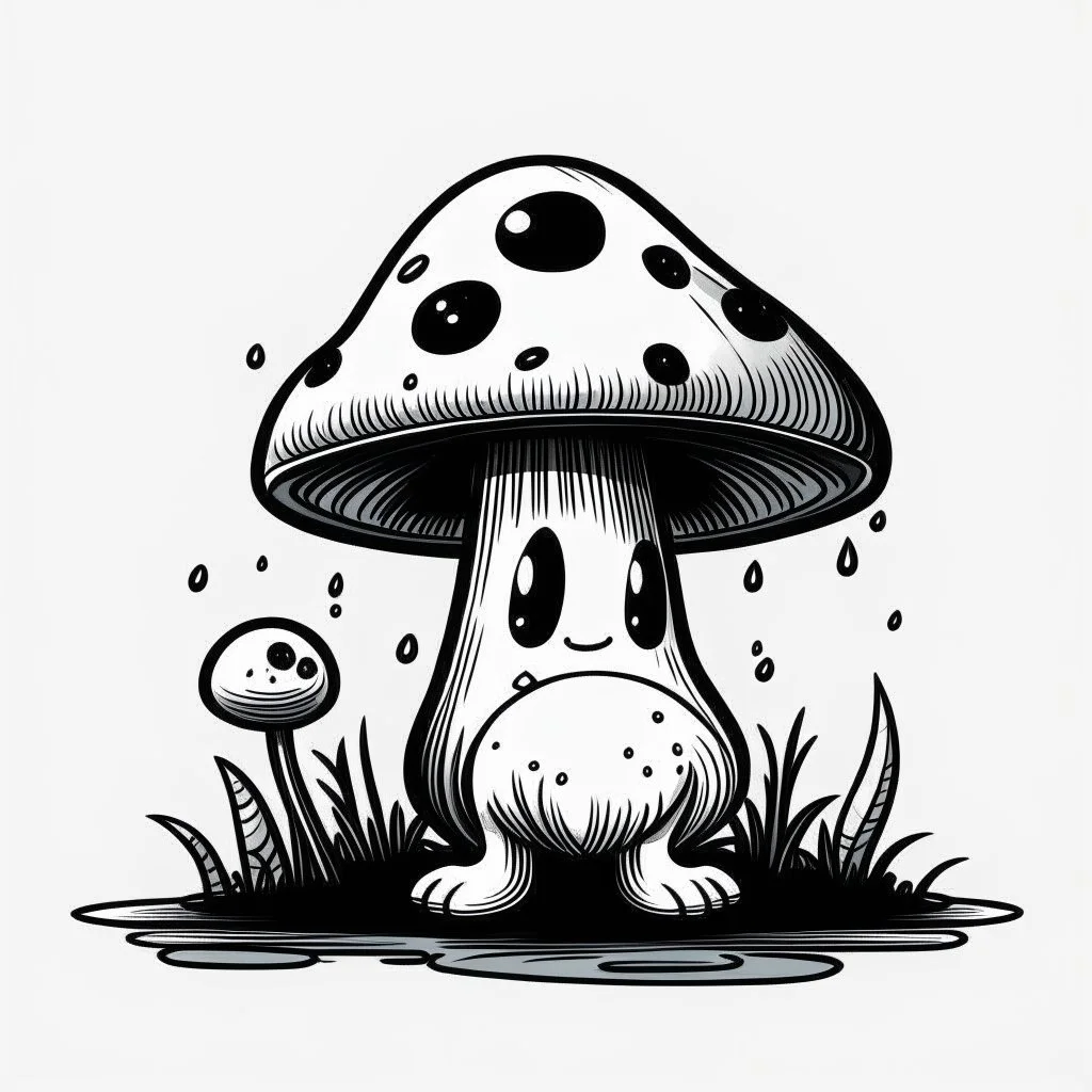 mushroom, black and white, cartoon, drawing, cute, creature, simple