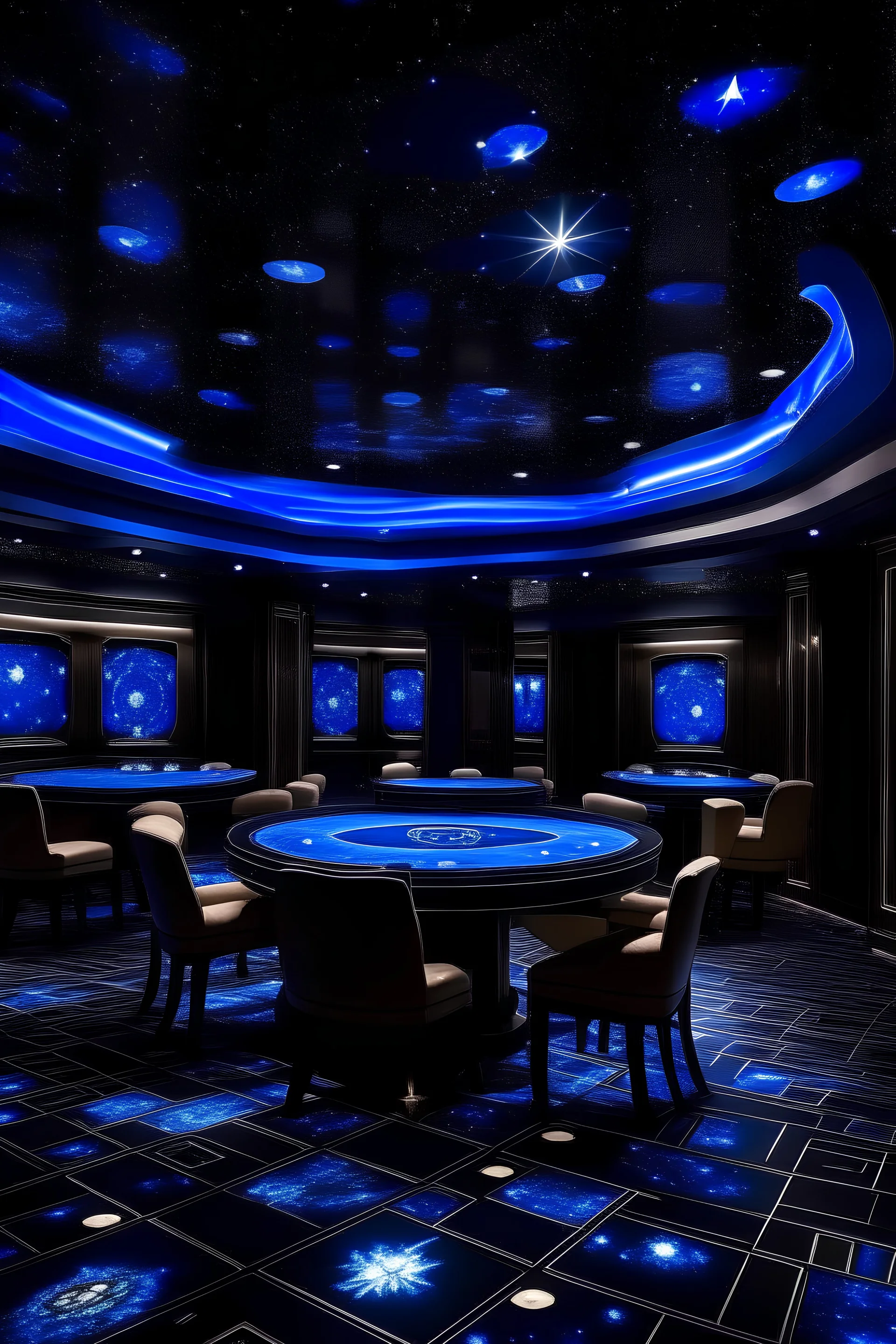 Blue galaxy themed cassino insides at night