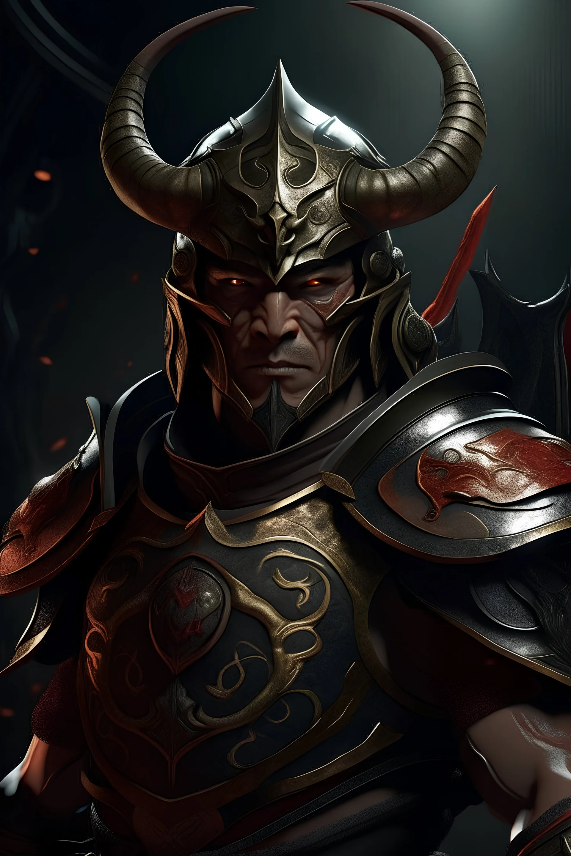 the ultimate dual wielder in dungeons and dragons, unending inner conflict of good and evil is visible in his character design and wearing asian inspired plate armor with a helmet that has a demon mask built into it. hyperrealistic, photorealism, illustration, art, digital art, 4k artwork,