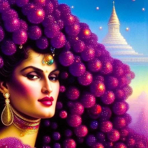 Hyperdetailed oil on canvas, gia carangi, detailed face, long hair, surrounded by luminous colorful sparkles, gypsy, grapes, blueberries, plums, sumac, pink bubbles, purple, by anne stokes, gaspar camps, maxfield parrish, alphonse mucha, cyril rolando, airbrush, depth of field, octane render, volumetric lighting; deep colors, symmetrical, cinematic, high coherence, golden ratio, rule of thirds, perfectly centered; anatomically correct faces, by james r. eads, ilon wikland art, vladyslav yerko