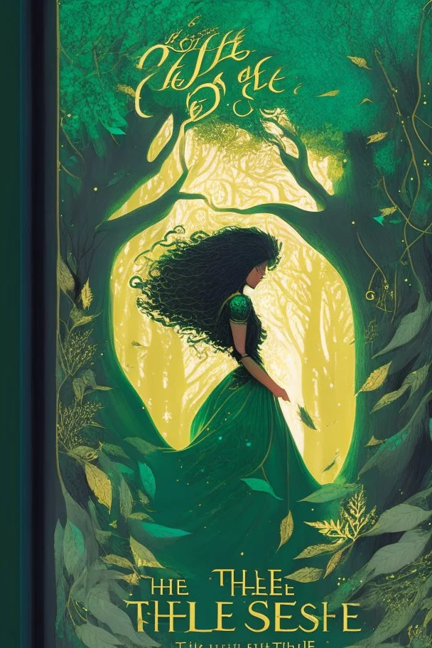 book cover, In the heart of a dense and enigmatic forest with towering ancient trees cloaked in emerald, yellow and amber foliage stands a witch possessing an ethereal allure her lustrous hair cascading in ebony waves down to her slender waist she is slowly turning into a tree herself