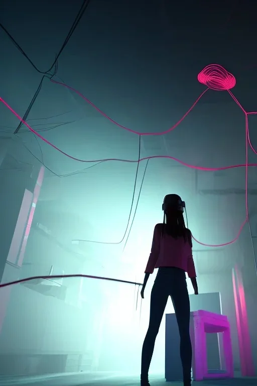 3d, si-fi hunger , far away a girl in the middle, stand on round platform, connected by wires , vr googles, beautifully color coded, super detailed, moody lighting, volumetric lighting, night time