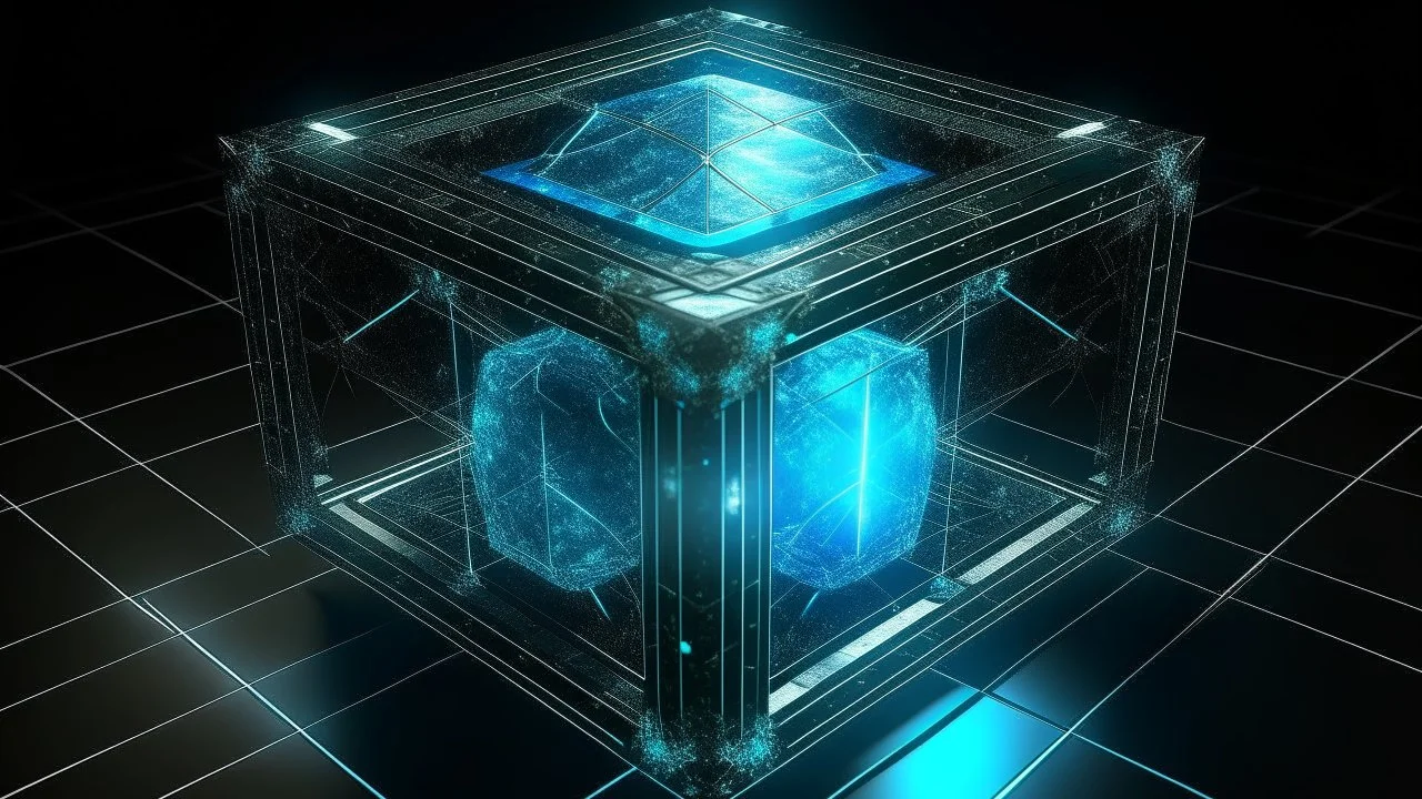 Cube tesseract from movie Loki, located strictly in the middle of picture with space around it and with glow in tesseract, but without glow below it, without background or table.