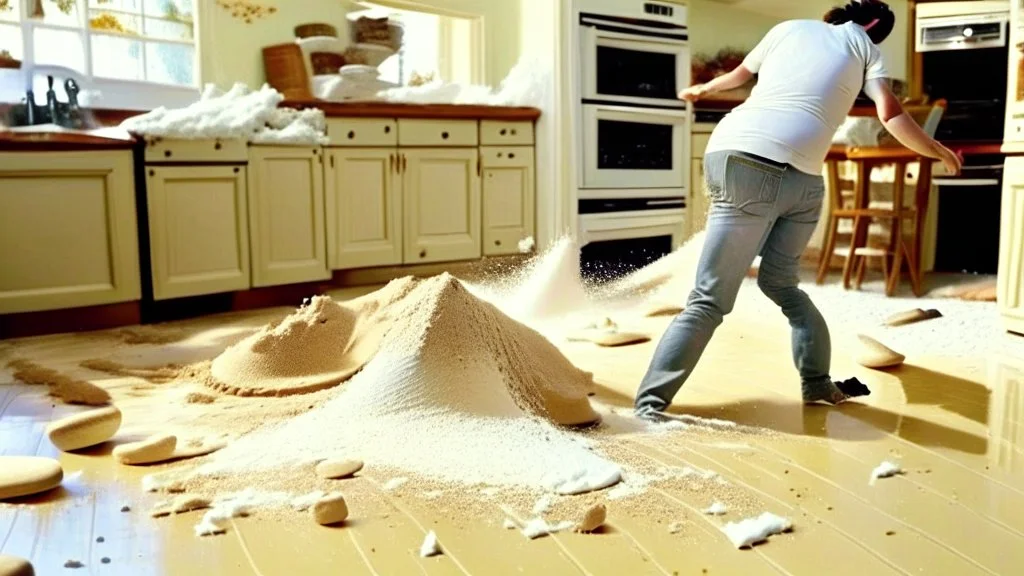 husband meekly pours baking flour all over the the floors and throw rug looking for make believe invisible tabletops