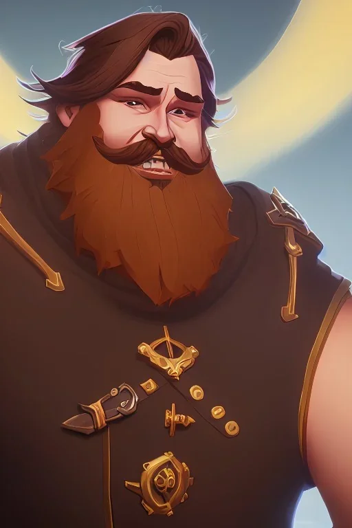 Medieval Fantasy Bearded strong man wearing a thick fur-lined merchant's coat, wearing gold rings, divine, halo, happy smiling, portrait, high definition, realistic, long hair, dynamic lighting, volumetric lighting, mustache, blond, arcane