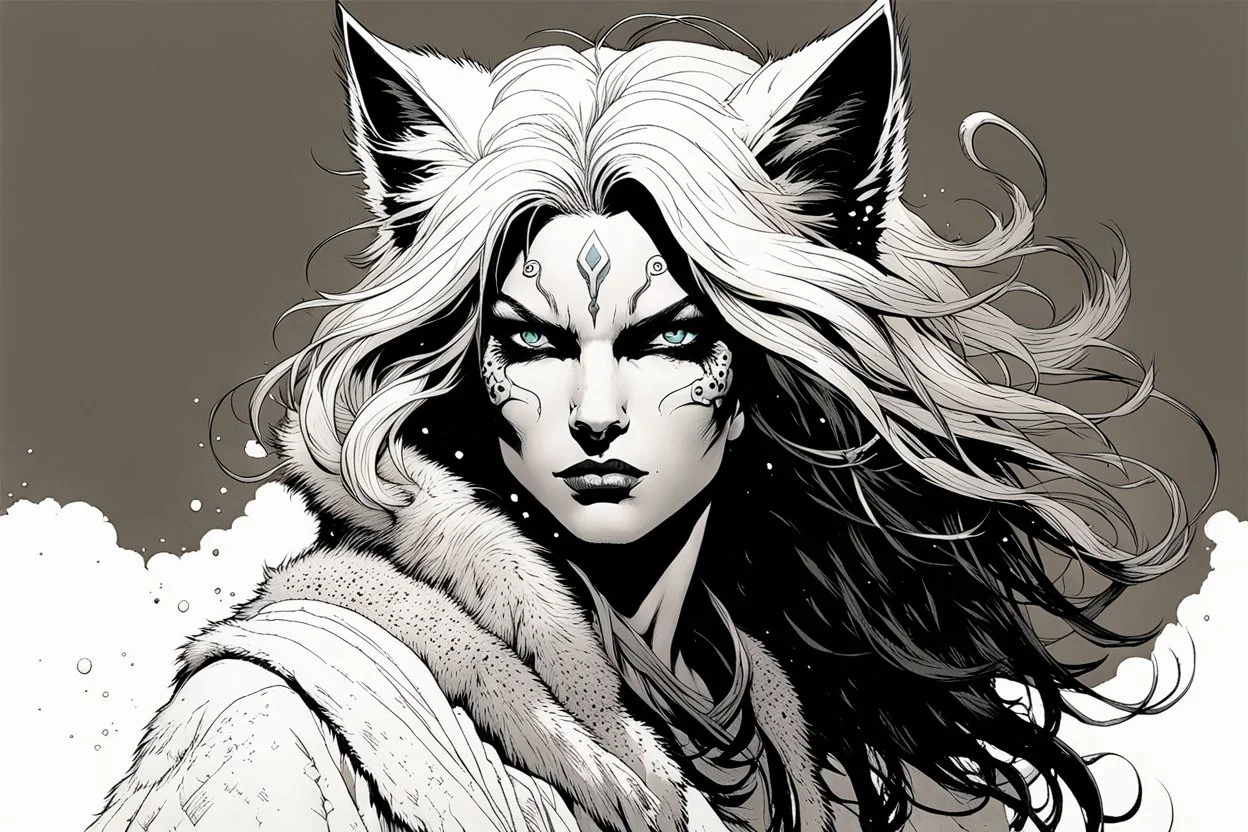 create an ethereal, otherworldly anthropomorphic Lynx woman , in the comic book art style of Mike Mignola, Bill Sienkiewicz, and Jean Giraud Moebius, with highly detailed fur and feminine facial features , finely inked , dramatic natural lighting