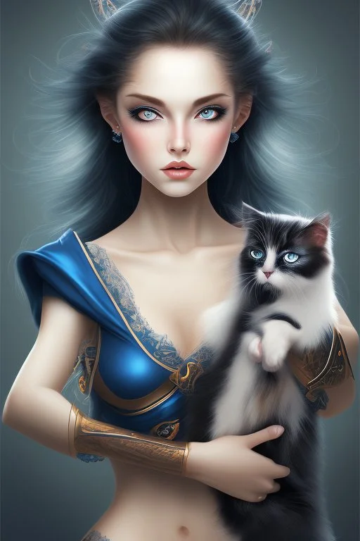 Black hair, blue eyes, woman holding calico cat