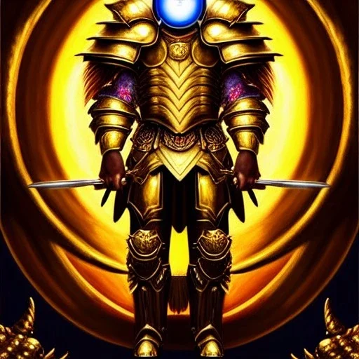 ultra detailed fullbody Portrait in oil on canvas of Warrior with Gold Taurus Armor ,extremely detailed digital painting, extremely detailed face,crystal clear Big Glowing eyes, mystical colors , perfectly centered image, perfect composition, rim light, beautiful lighting, 8k, stunning scene,extremely sharp detail, finely tuned detail, ultra high definition raytracing, in the style of robert e howard and pablo oliveira and Ken Kelley and Ohrai Noriyoshi and Simon Bisley and tom