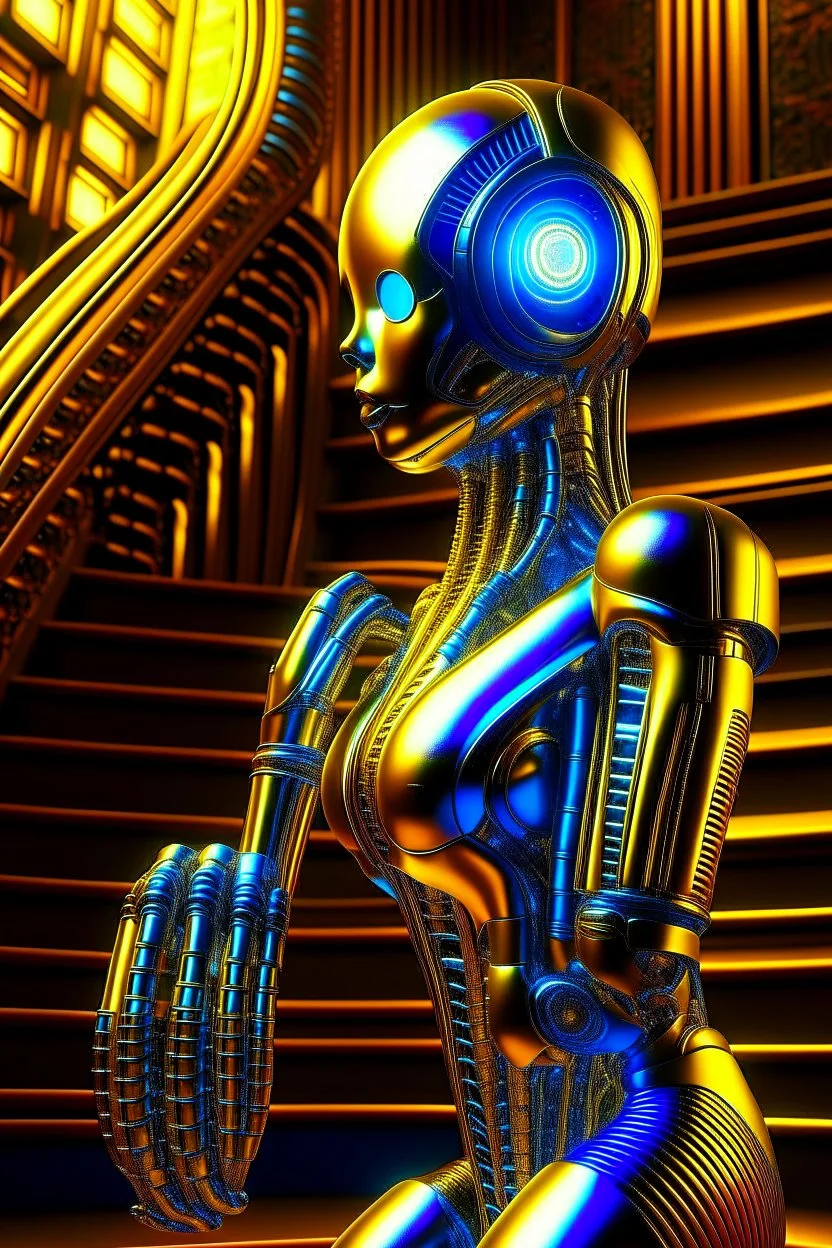 chrome chat robot banking woman smiling online in the style of escher and giger, spray paint, photo realism, trending on art station, 8k, depth of field, down light, light rays, volumetric, reflective spiral staircase, blue, yellow, golden brown and orange