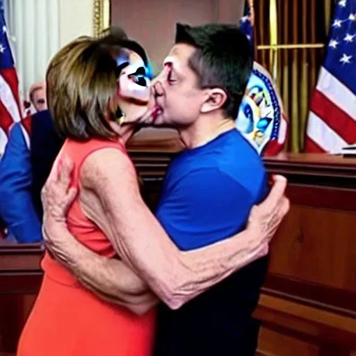 NANCY PELOSI, KISSING Volodymyr Zelensky WITH A BEARD wearing TANKTOP,