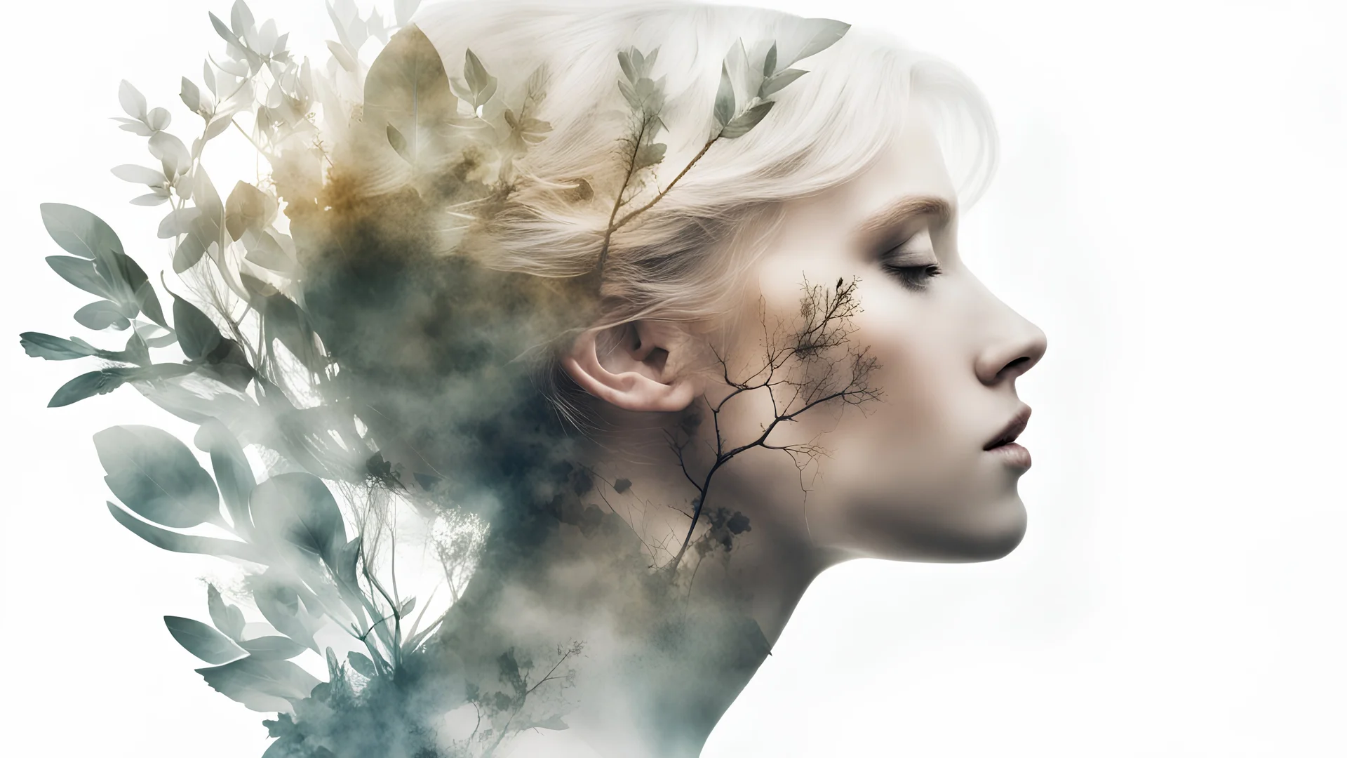 on a white background Art/plants, branches/dreamscape/r8+78378+/double exposure/female profile/blonde/Artie/detail