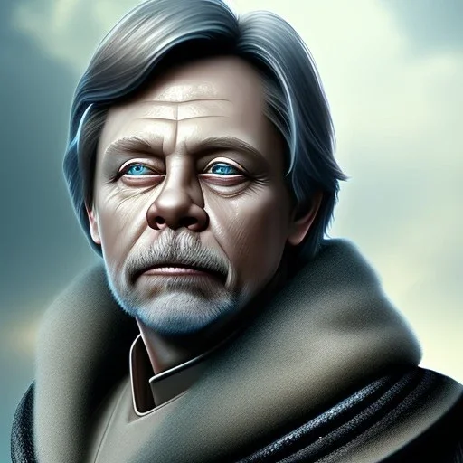 upper body photorealistic jedi mark hamill in Star Wars, sharp blue eyes, photorealistic weathered skin, short hair, dark brown jedi robe, cinematic lighting,