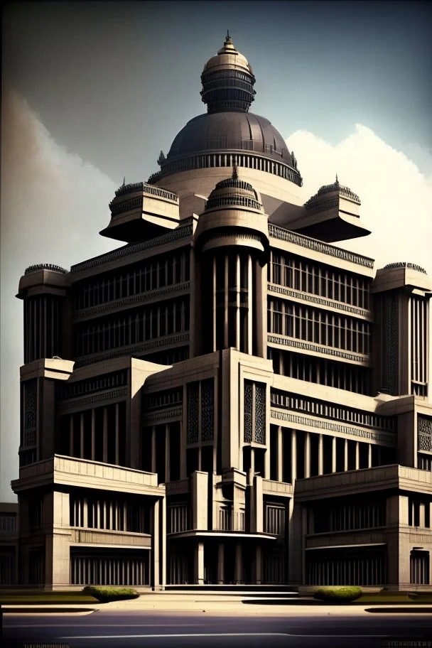 Architectural style for building of India's Intelligence Bureau , make it visibly military and intelligence style at the same time similar to Indian Architecture, use darker colors