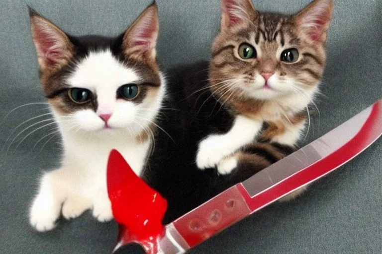 Cute cat diabolical smiling with a bloody knife with blood. Manga