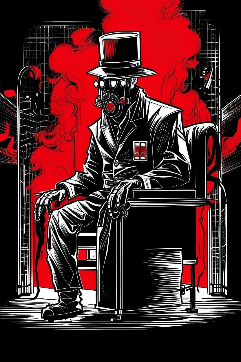 man with hat (wide and flat brim and a flat top) shading face, wearing a gas-mask, standing next to an electric-chair, vignette, black and white graphic novel style with a red outline on black background, gothic horror