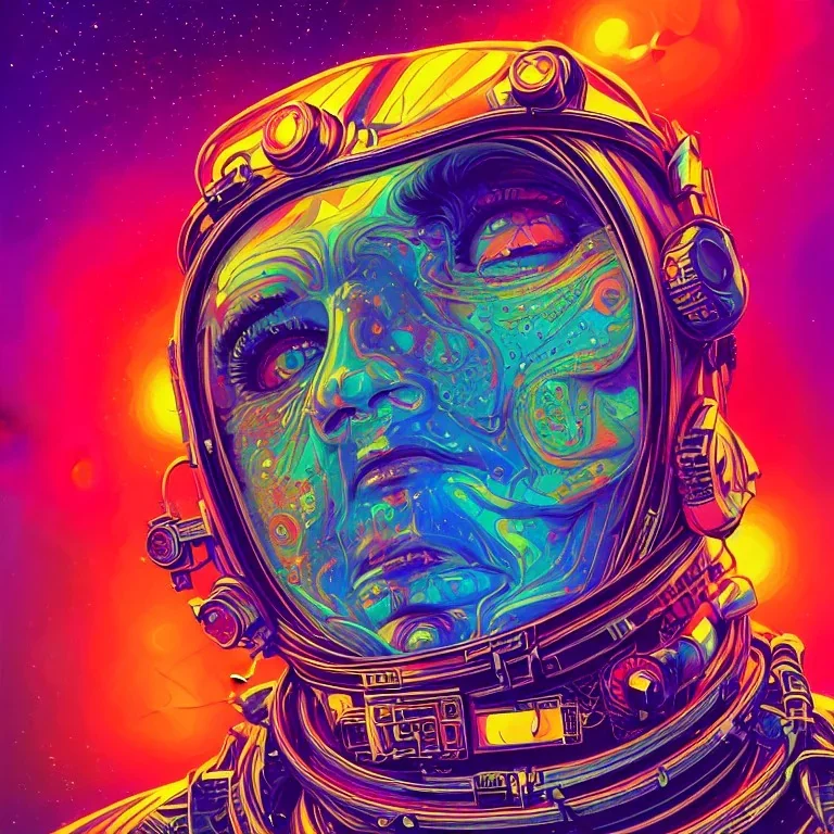 An extremely psychedelic experience, colorful, surreal, dramatic lighting, cosmonaut, LSD, face, detailed, intricate, elegant, highly detailed, digital painting, artstation, concept art, smooth, sharp focus, illustration, art by Sam Spratt, Dan Mumford,