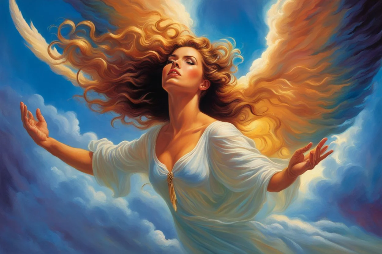 A woman having a beautiful dream floating on a cloud painted by Jeff Easley. concept art, mid shot, intricately detailed, color depth, dramatic, 2/3 face angle, side light, colorful background