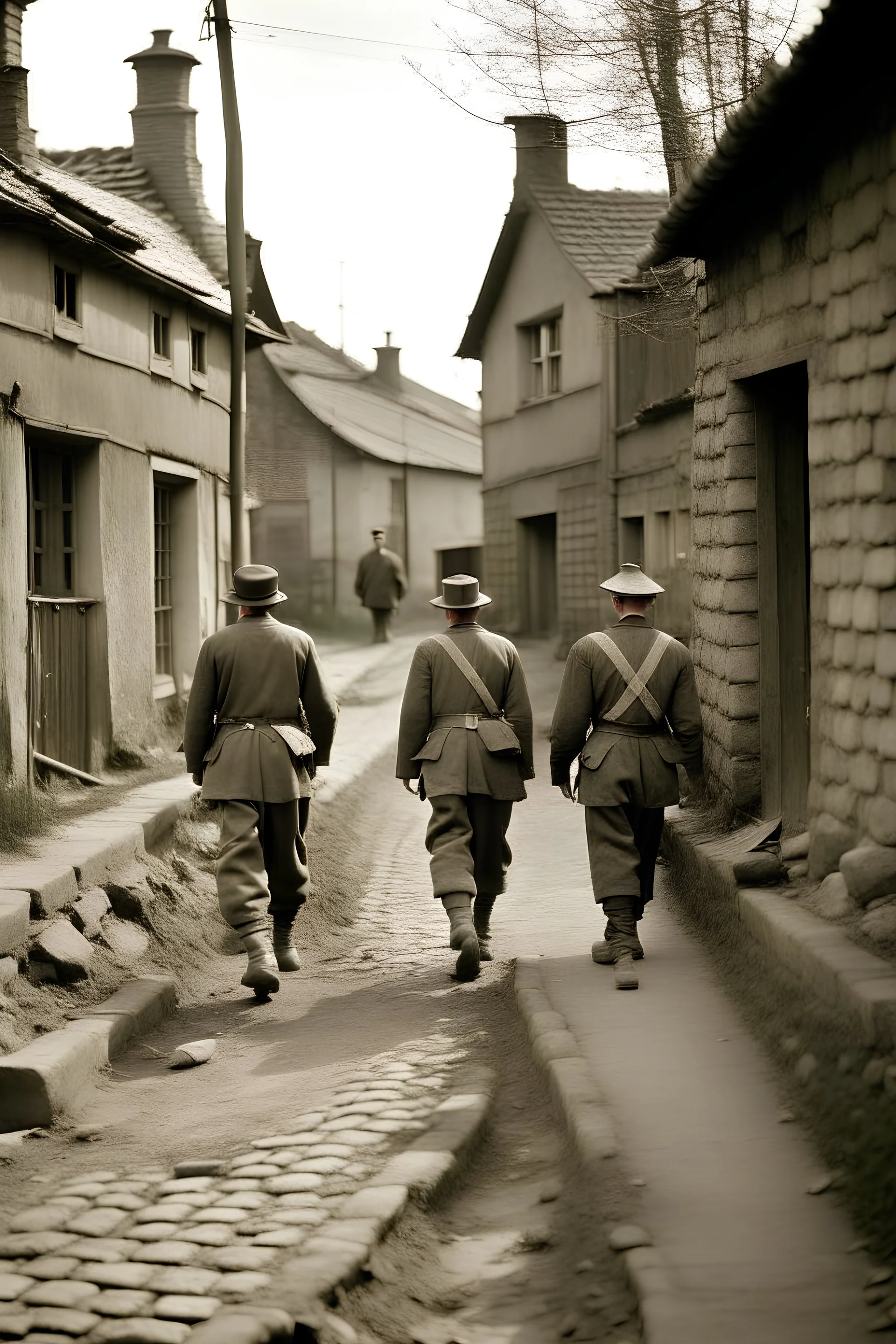 soldiers werhmacht walk along a dirt road, next to the old pub