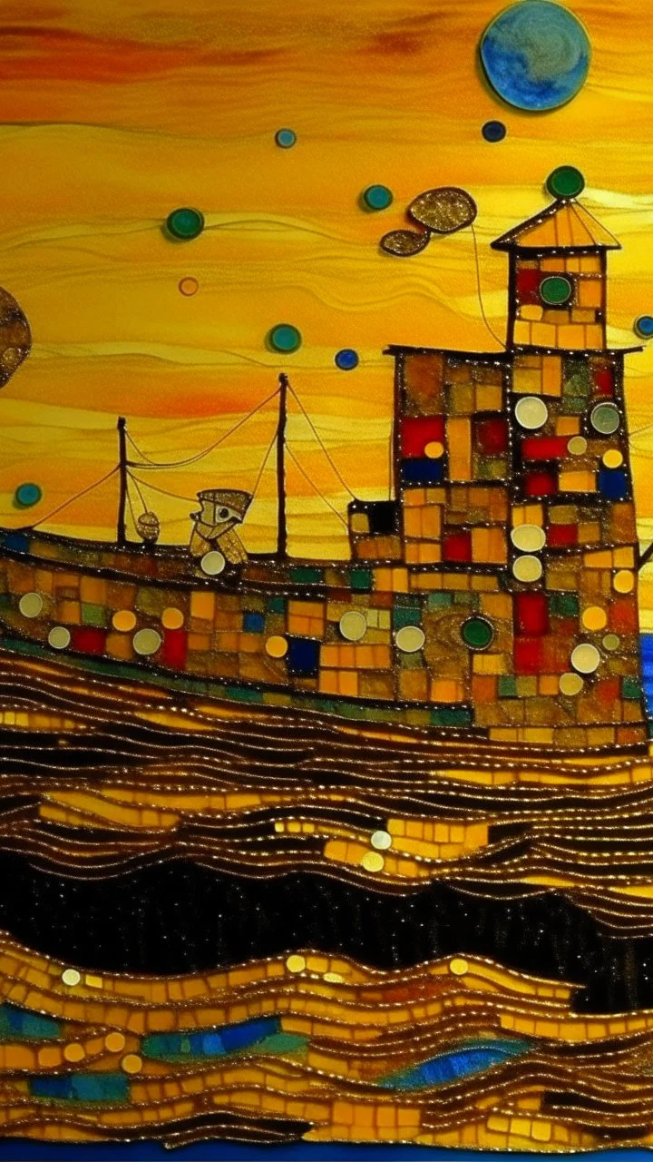 The ship fades out in the horizon, nostalgic goodbye, diorama in the style of Gustav klimt