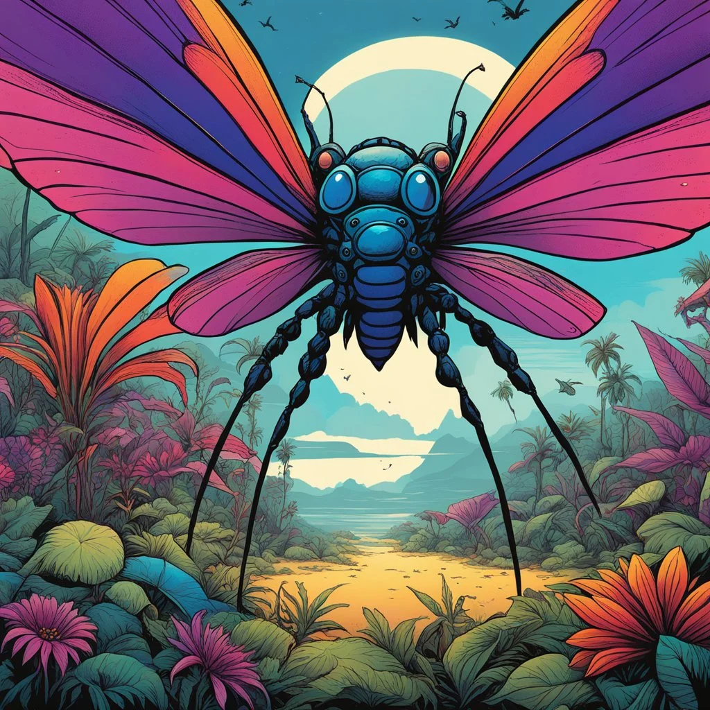 (in the style of grindhouse comic illustration) the vibrant colors and otherworldly beauty surround a menacing giant alien insects and exotic flora inhabit the landscape. The surreal surroundings, a kaleidoscope of hues. However, the potential dangers posed by the towering creatures and mysterious plants. with vibrant colors is tempered by a deep respect for the hidden perils. Balancing awe and wariness, the surreal landscape becomes a backdrop with both beauty and menace. The wonder of the sen