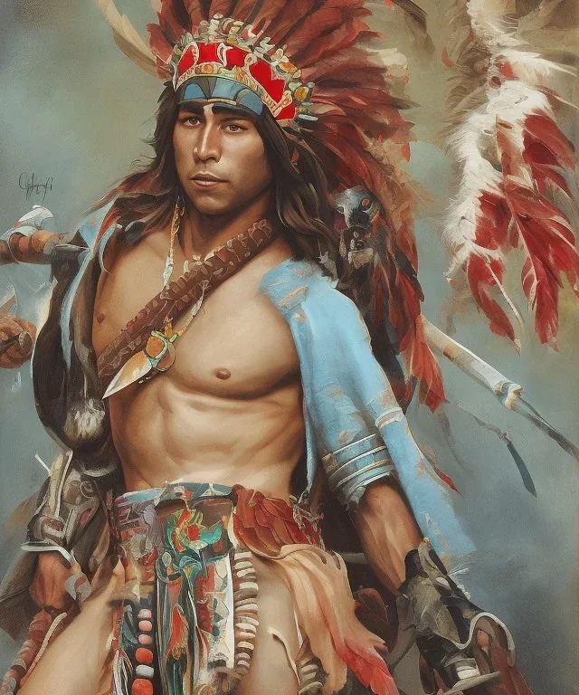 Guaicaipuro, native american god, 30 years old, Muscular warrior, red feathers headdress, shirtless