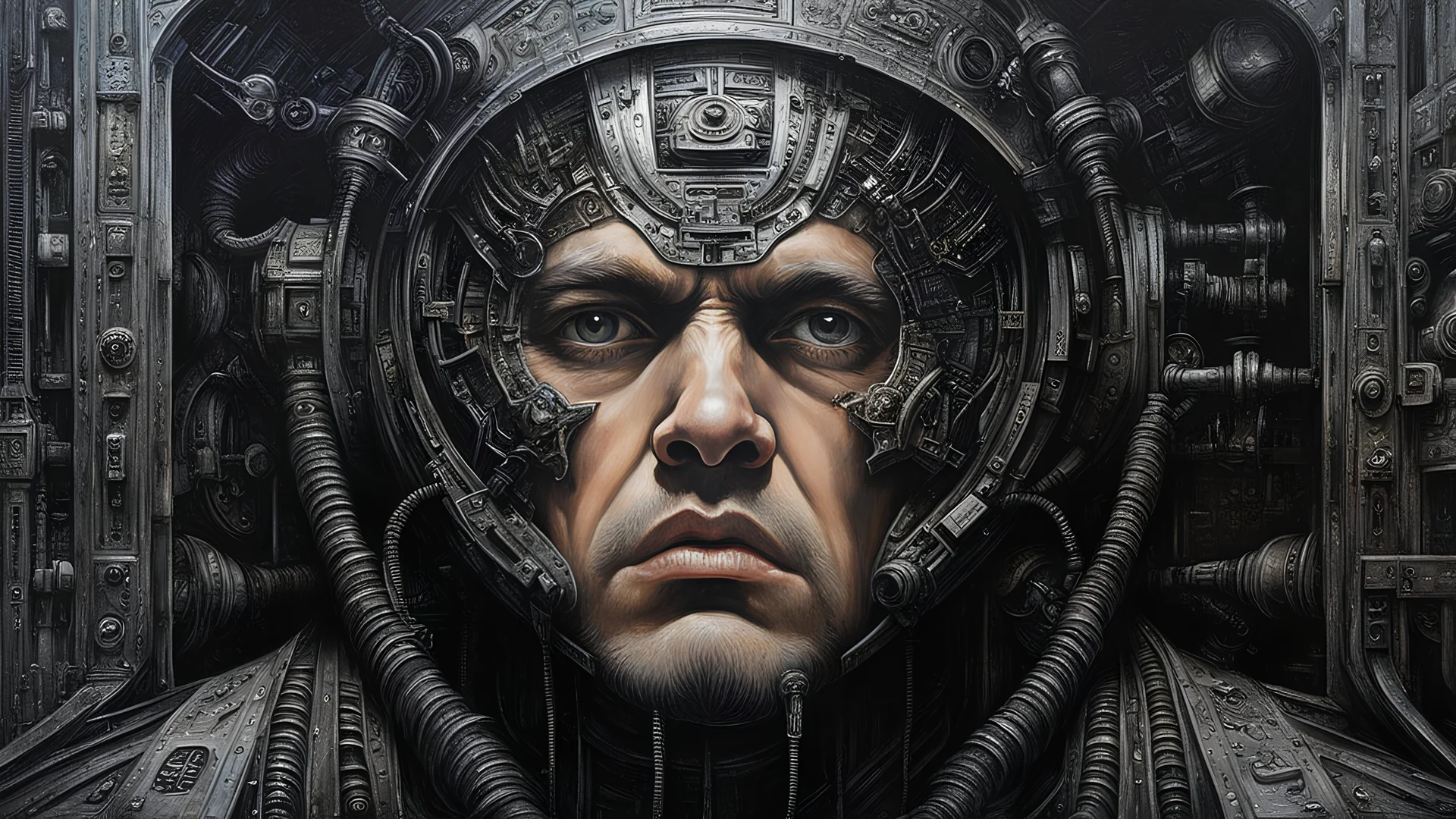 "Close-up, front-facing view of a scavenger, his face reflecting horror, within the chilling confines of a derelict space station. Sharp contrasts, lavishly intricate, drawing from H.R. Giger", surrealism, weird and pissed off, oil on canvas, dry brush, John Berkey Style