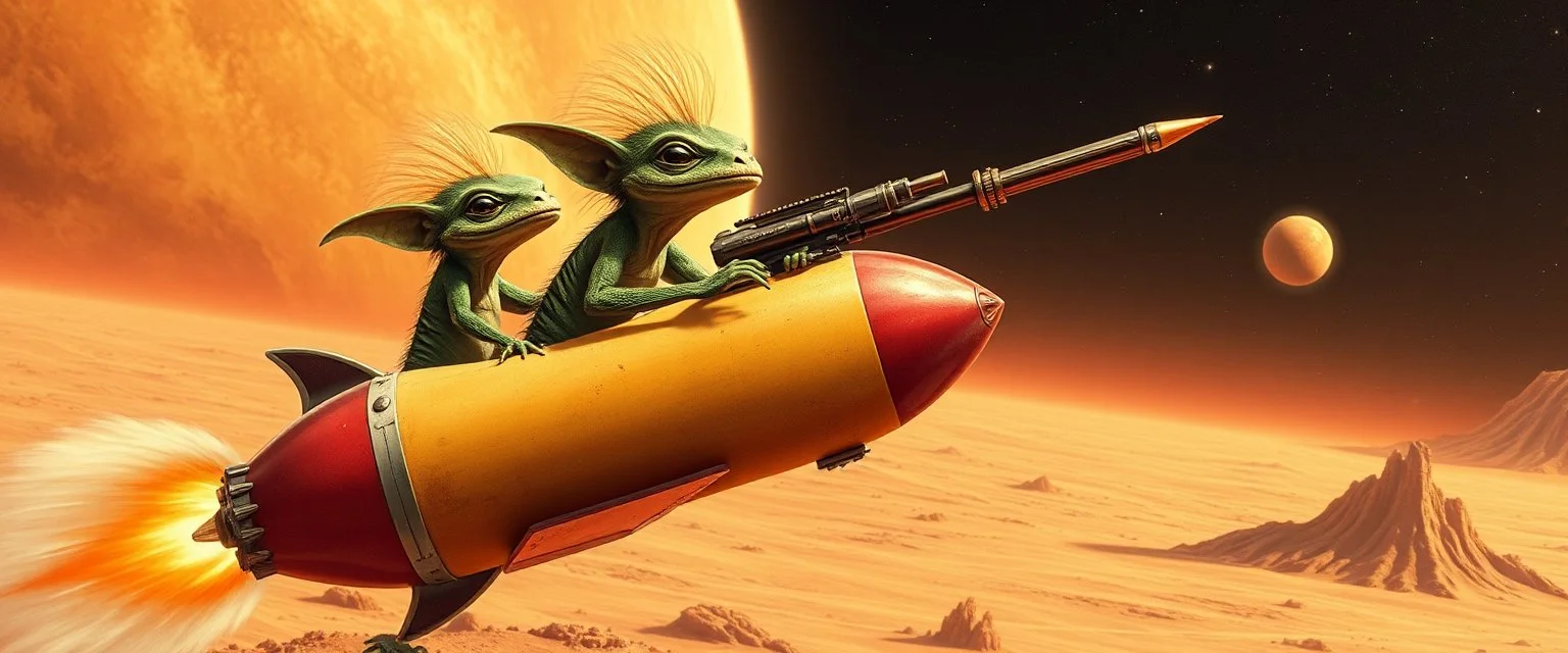 hairy macho gremlin lizard aliens living in a hi tech marvellous hot dog rocket with a mounted sling shot, heading for venus