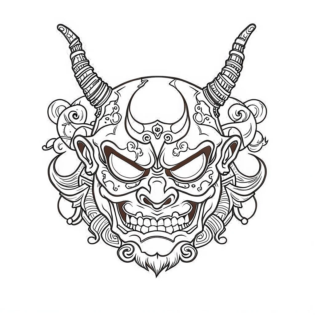 White, minimalis line art , oni mask japanes funny , vector, white background, outline, with images neatly contained within the background, just black and white color, tatto style.