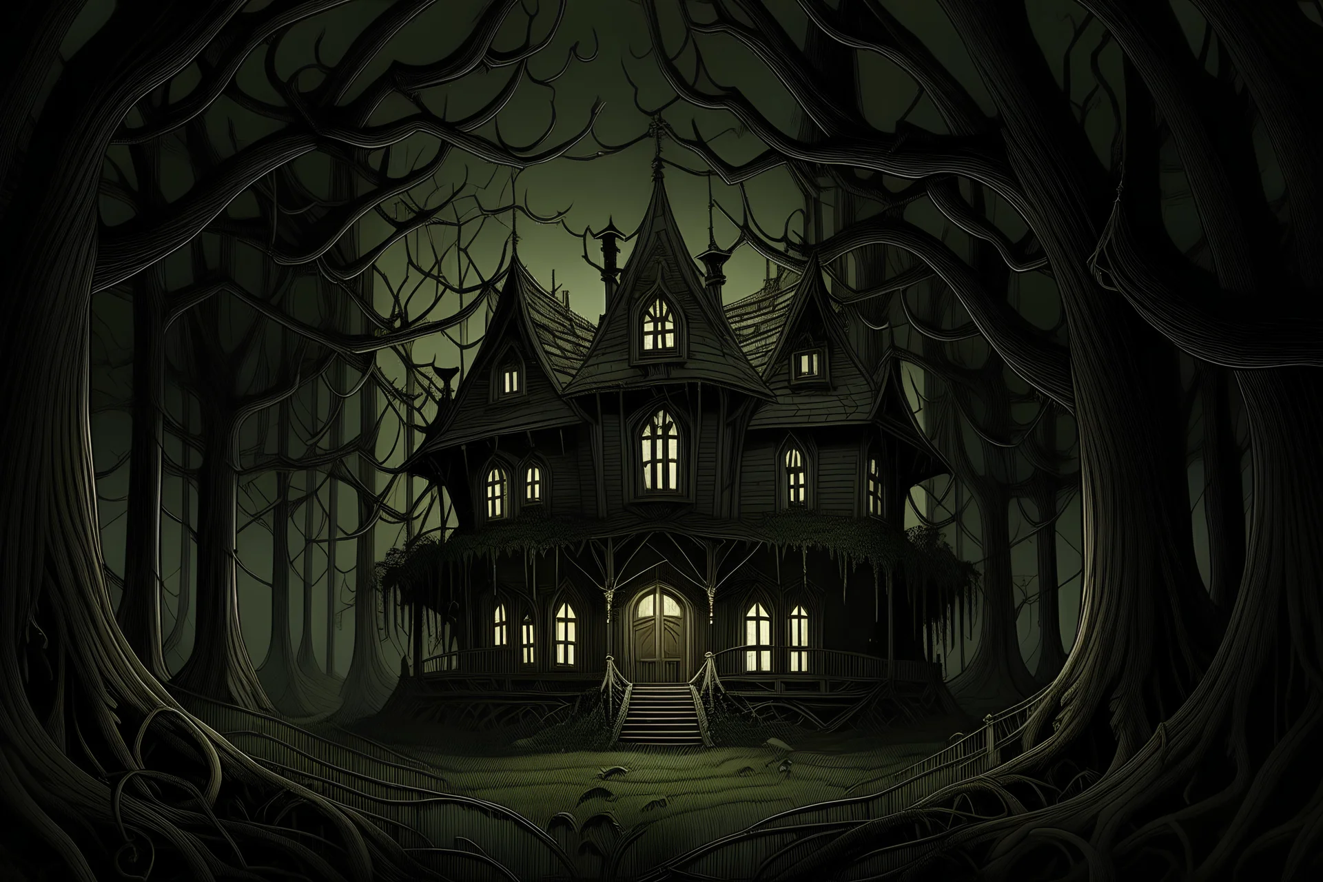 An animated photo where a tall, lighted mansion with a triangular roof is surrounded by tall trees in a dark forest. The viewer of the image is facing the front of the house. Grotesque roots are seen throughout the image. Thorny vines cover the various sights of the house.