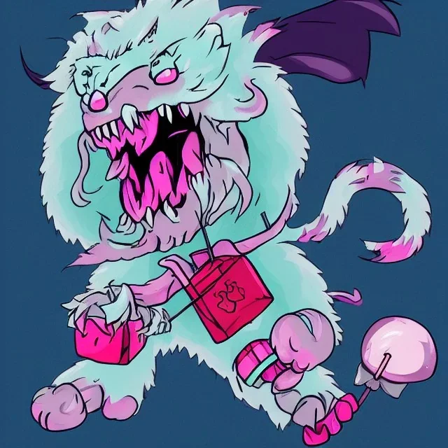 cotton candy werewolf with candies and lollipops, sharp teeth, evil