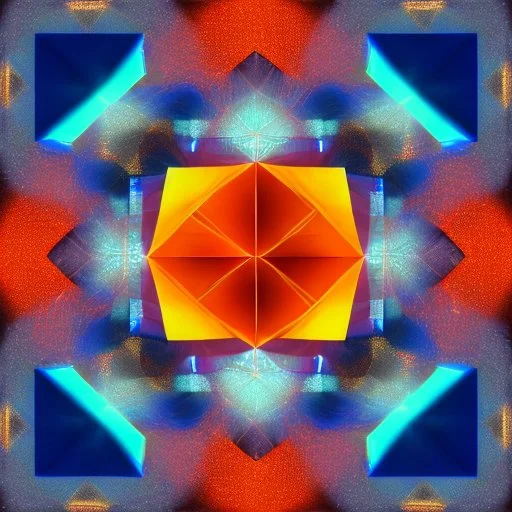 a blue metallic 4d cube inside a 4d orange rotating cube in a 4 dimension environment