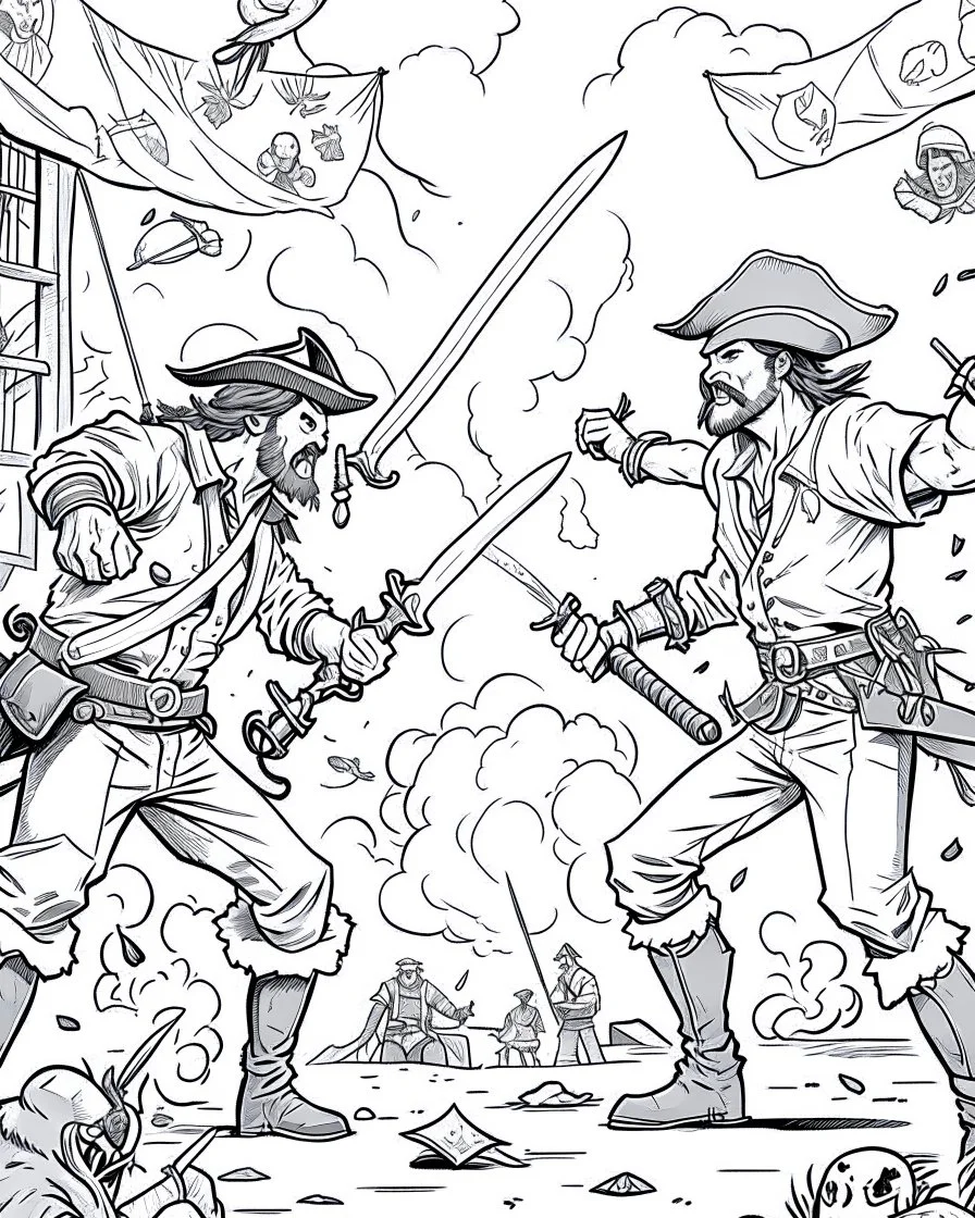 Sword Fight Showdown: Create an intense coloring page featuring a dramatic sword fight showdown between pirates, challenging artists to capture the energy of the battle.