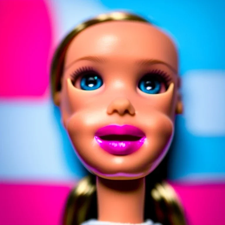 Foto realista. Una Cabeza de muñeca barbie decapitada sin cuerpo. Foto de estudio. Pared de fondo. Colores vibrantes. Gran angular. Simetría. Ultra hd.