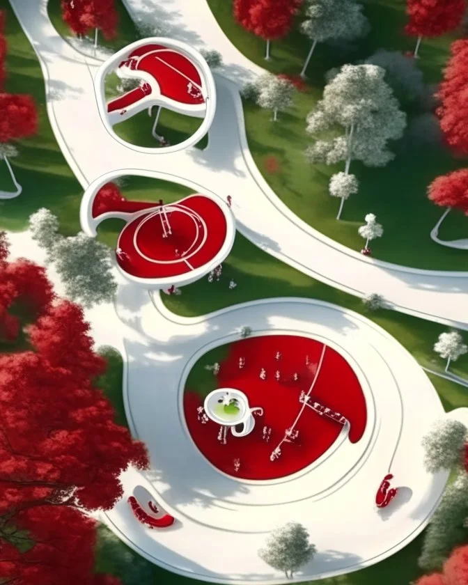 Vista aérea completa Parque infantil juegos columpios estilo Zaha Hadid obra de arte pintura al óleo detallada color blanco crema y rojo imperial impactante árboles niños personas foto realista arte Bauhoaus iluminación cinematografica 4k