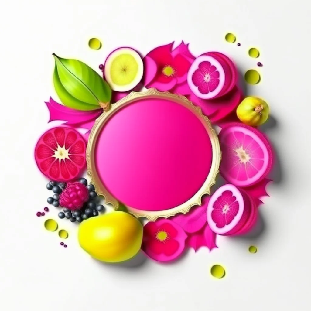 Round picture frame in the colors of dragon fruit on a light background to remove