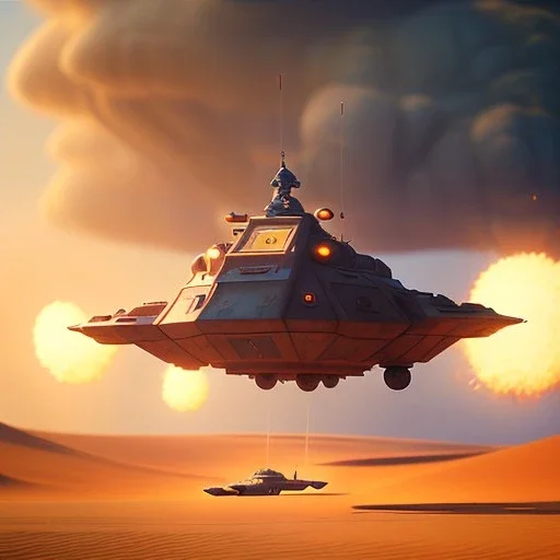 octane render volumetric desert war environment, Ralph McQuarrie style painting of an armored hovercraft with cannon, floating in the air, highly detailed, minutiae, nimbus storm, renderman