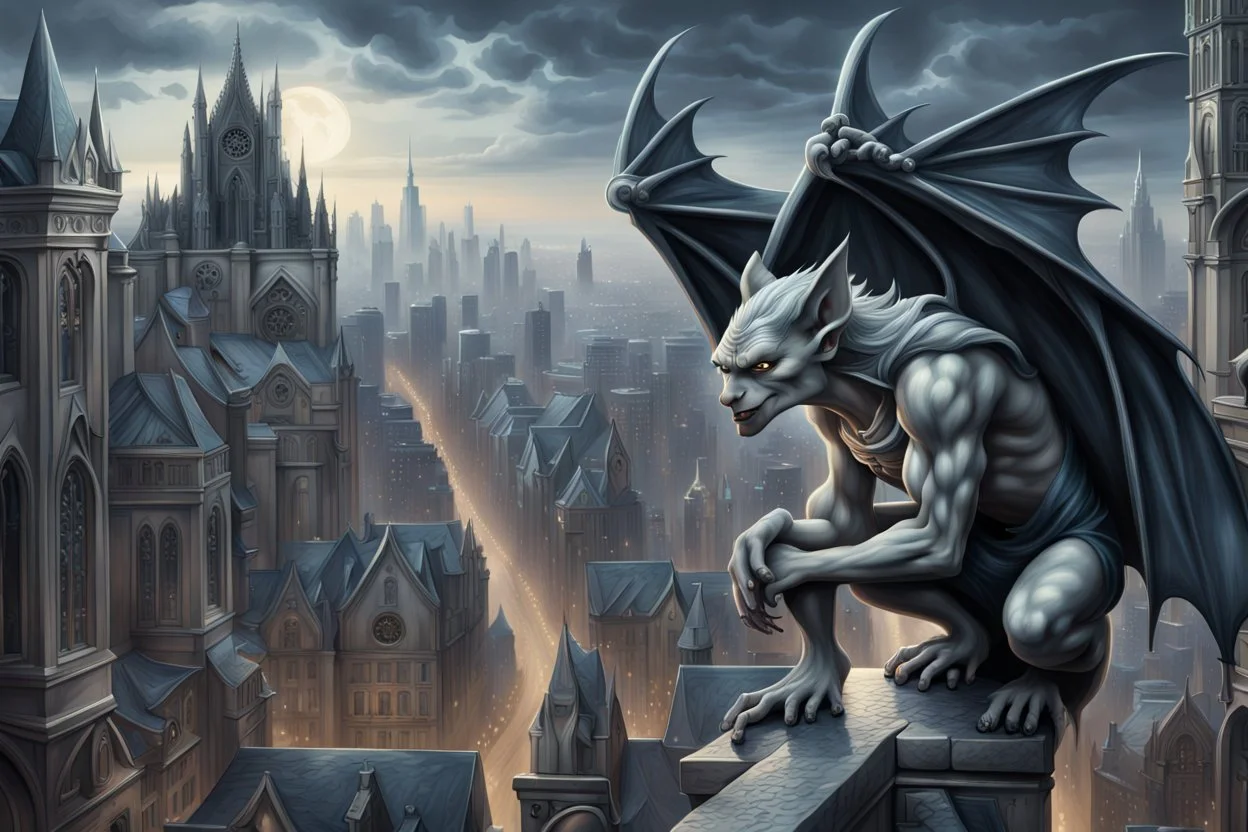 captivating and highly detailed fantasy, gothic illustration featuring a grayish Gargoyle with curly bluish hair crouching above the city, leaning forward to observe the people below. Style of artist Anne Stokes, Gothic, Dark Fantasy, photo, 3d rendering, cinematic