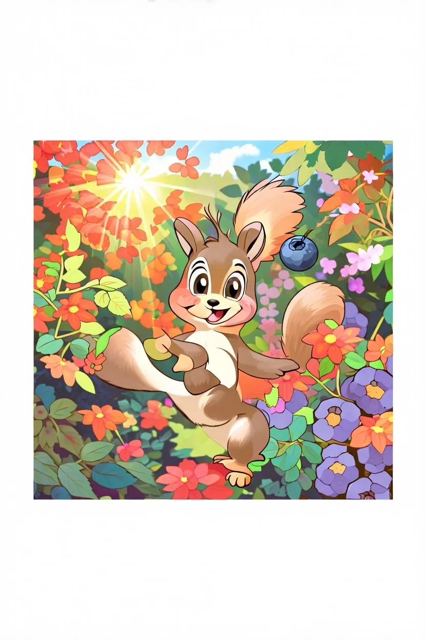 The friendly squirrel holds a blueberry excitingly in the air, the sunlight shining on the blueberry, colorful garden background , child book illustration style, faces must be the same as reference image