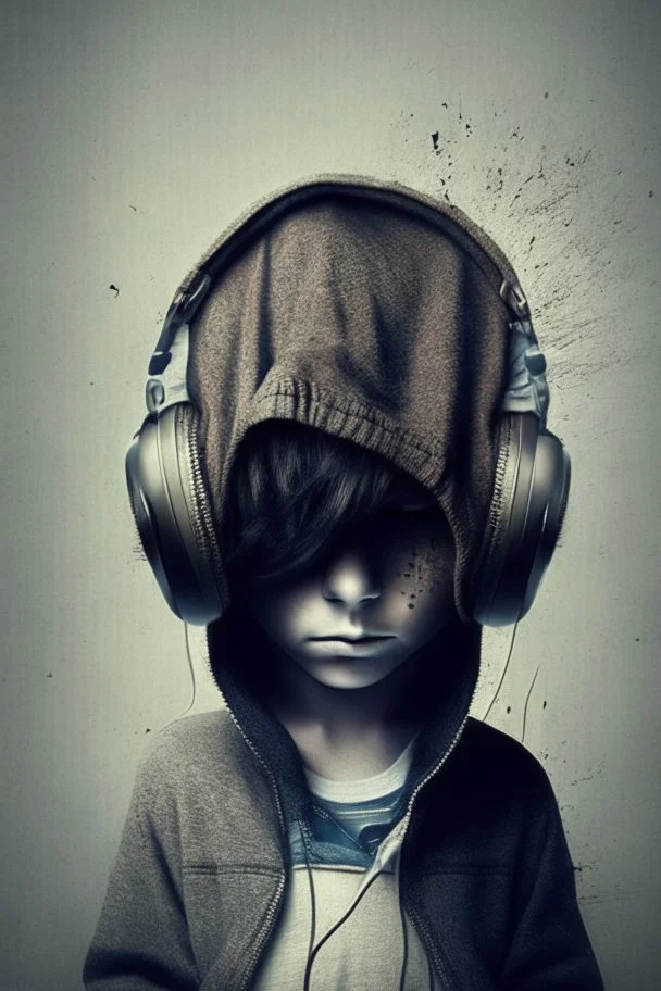 Cute boy with hidden face with music