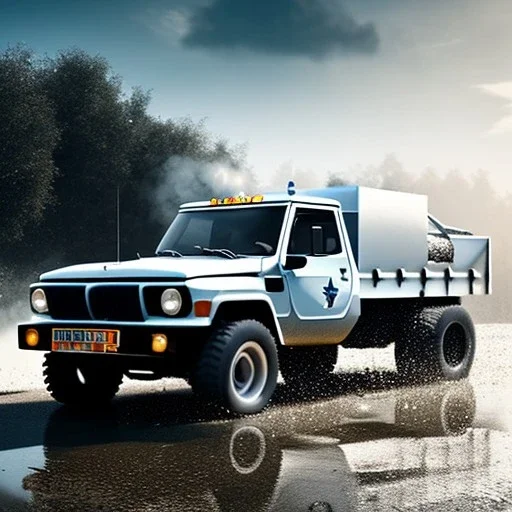 photorealistic shot, military truck, monotone color palette, sharp focus, puddle reflection, tire water splash, refraction, mist on the horizon, shadowcast, detailed and intricate, cinematic composition