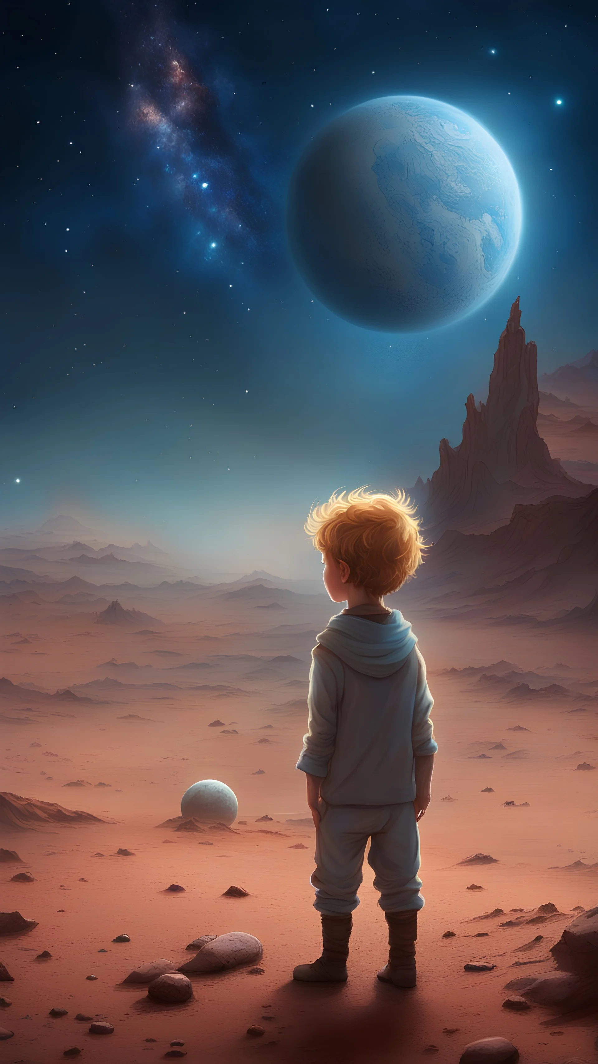 Little prince, with his curious eyes, Met a beautiful girl, under earth's blue skies. Silence surrounded them, on a small planet they found, Looking up at the night sky, on Mars's ground. Stars twinkled above, nebula in the distance bright, Milky way glowing, a brilliant sight. Watching star clusters dance, it brought them pleasure, In awe they stood, lost in space's treasure.