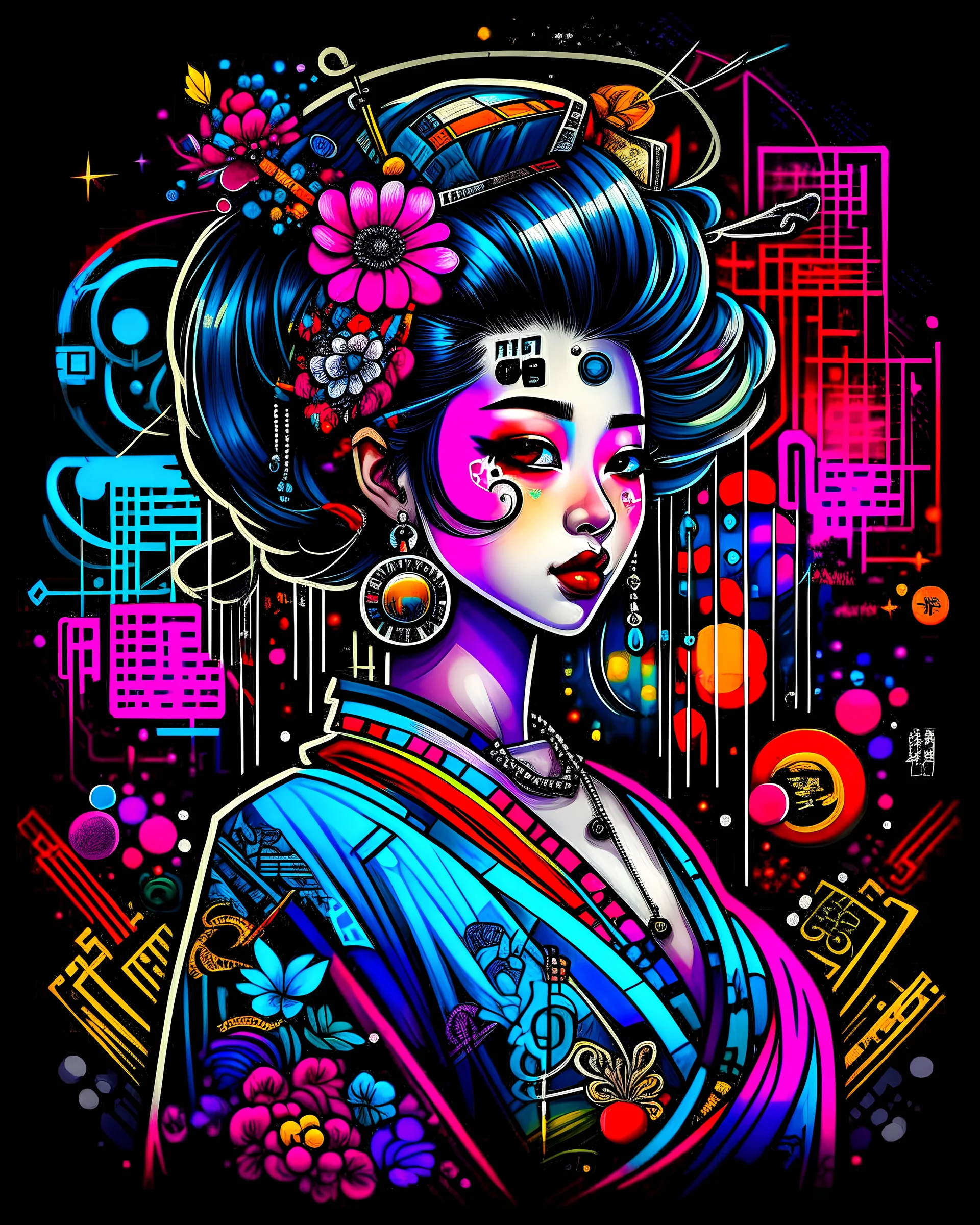 Illustration of Colorful intricate cyberpunk beautiful geisha, dark background