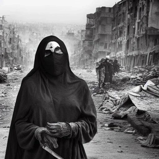 women, faces covered in black masks, ragged clothes, holding flag, realistic, Life Magazine photgraphy, war-torn, destroyed city in the background, 8k resolution, hyperrealistic, detailed matte painting, b&w, dynamic lighting, war, anarchy, rebels, terrorists